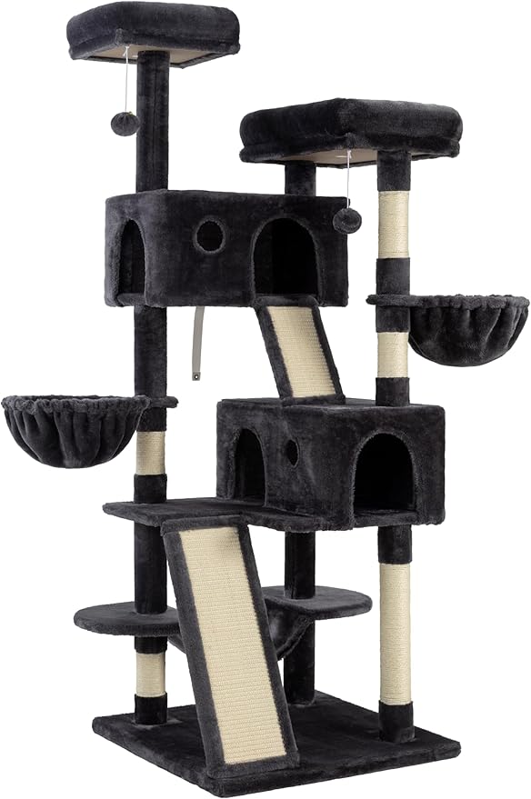 WEEWAY Cat Tree Tower for Indoor Cats,65'' Multi-Level Cat Furniture Activity Center,Stand House Condo Cave,Sisal Scratching Posts Ramps,Plush Perches Platforms Basket Hammock, Dark Grey