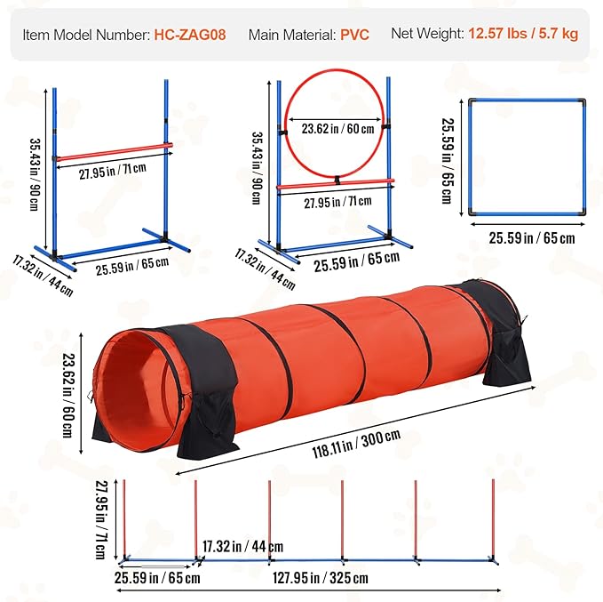 VEVOR Dog Agility Training Equipment, Dog Obstacle Course Backyard Set with Adjustable High Hurdles,6 Weave Poles,Extended Tunnel,Jump Ring,Pause Box,Whistle Foldable Bowl Training Pouch Storage Bag