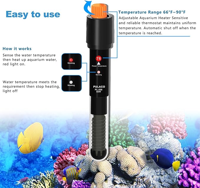 PULACO 50Watt Aquarium Heater for 6-15 Gallon Fish Tank, Adjustable Submersible Heater Thermostat with Thermometer Strip and Suction Cup