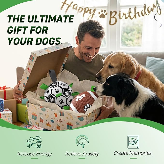 QDAN Dog Soccer Ball Football Set - 2 PCS Dog Balls with Strap for Tug of War, Soccer Ball Football Toys for Small Medium Large Dogs, Herding Ball for Dogs, Dog Birthday Toy
