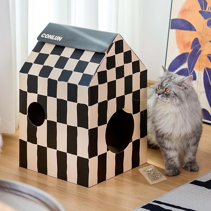 Cardboard Cat House with Scratch Pad & Catnip, Cat Play Scratching House for Indoor Hideaway Furniture, Heavy Duty Sturdy Cardboard Scratcher, Easy to Assemble Birthday Gift, Medium, 2 Pack