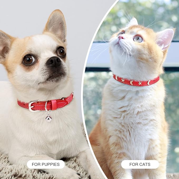 Leather Cat Collars for Boy Girl Cats with Bell and Safety Elastic Belt, Personalized Star and Moon Stud Adjustable Safe Buckle Collar for Kitty Small Big Cats Size 8-12 Inch, Red