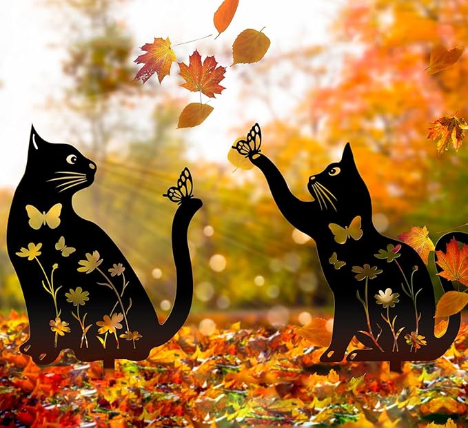 Metal Cat Garden Decor for Outside,15" Metal Kitty Decorative Garden Stakes, Black Cat Silhouette Yard Decorations Outdoor Lawn Ornament Yard Art, Rust Proof Steel Kitten Decor for Kitty Lovers