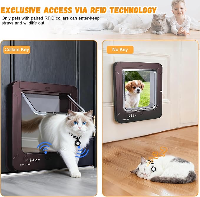 Smart Cat Door with 3 Collar Sensor, RFID Cat Door Collar Activated with Remote Control, 4 Way Locking Cat Flap Automatic Pet Door (Brown)