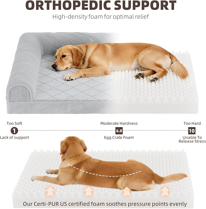 Simple Trending Orthopedic Dog Beds Large Sized, Dog Couch Sofa Bed with Washable Cover, Waterproof Egg-Crate Foam Pet Bed with Sides, Grey