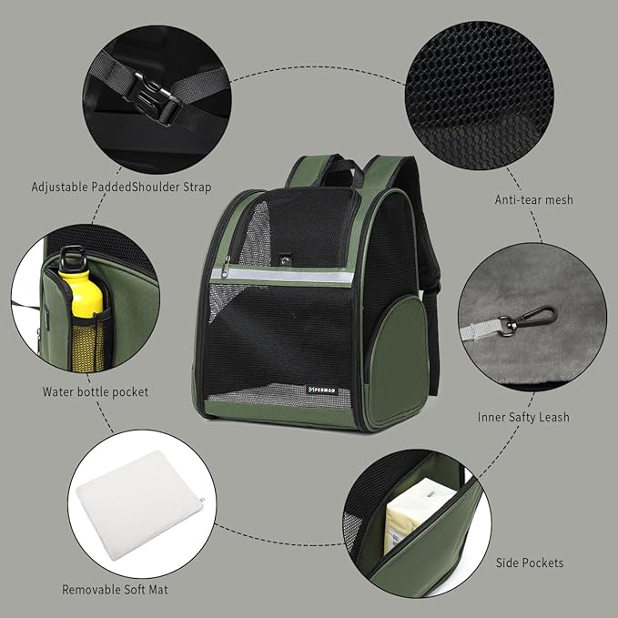 Cat Backpack Carrier for Small Dogs and Medium cat Puppy Kitten Bunny Pet Carrier Backpack Collapsible with Fully Ventilated Mesh with Safety Leash (DarkGreen, 12.9" L x 10.62" W x 15.5" H - M)