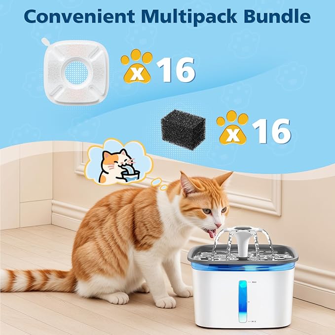 32 Pcs Cat Water Fountain Filters for Veken 95oz/2.8L, 67oz, 85oz, 135oz Dog Water Fountain Automatic Pet Fountain Dog Water Dispenser 16Pcs Pet Fountain Filter Replacement & 16Pcs Pre-Filter Sponges