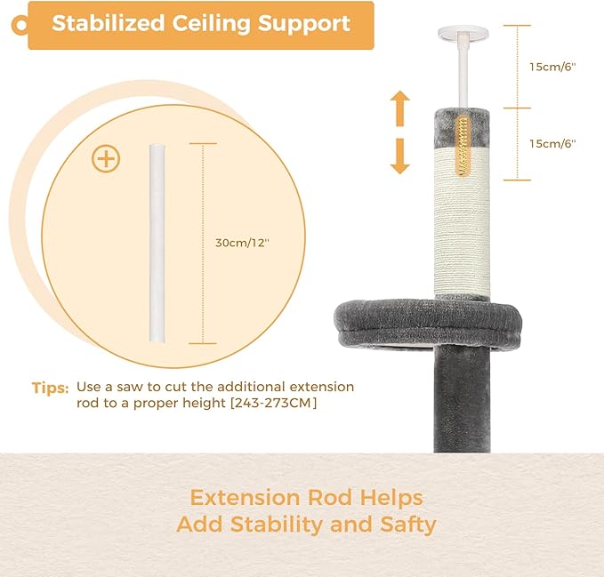PETEPELA Cat Tower 5-Tier Floor to Ceiling Cat Tree Height(95-107 Inches) Adjustable, Tall Climbing Tree Featuring with Scratching Post, Cozy Bed,Interactive Ball Toy for Indoor Cats/Kitten Grey