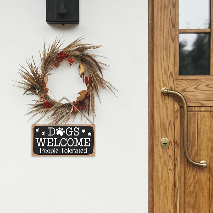 Dog Welcome People Tolerated Dog Lover Rustic Wooden Hanging Sign Decor, Front Door Wall Decor Sign Wood Plaque for Farmhouse Garden Home Porch Entryway, Pet Paw Hanging Wall Art Gift (1 pack)-11