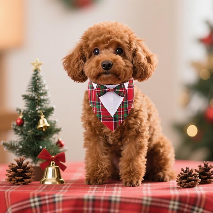 ADOGGYGO Christmas Dog Tuxedo Bandana, Red Green Plaid Pet Xmas Collar with Bow, Adjustable Christmas Costume for Small Dogs (S)