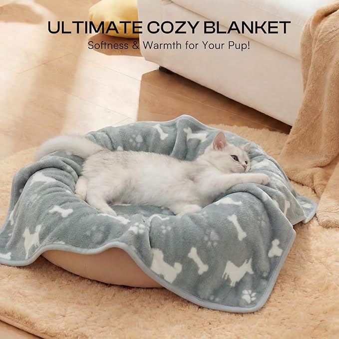 Luciphia 1 Pack 3 Dog Printed Fleece Pet Blankets Washable，Soft Warm Throw Covers for Crate Couch Bed，Cozy Puppy Essentials for Dogs and Cats， Blue/Grey/Khaki, Small (23x16 inch)