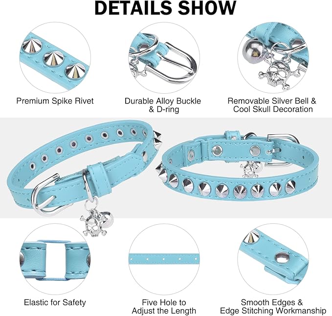 Leather Cat Collars for Boy Girl Cats with Bell and Safety Elastic Belt, Personalized Rivets Stud Adjustable Safe Buckle Collar with Skull Charm for Kitty Small Pets, Light Blue