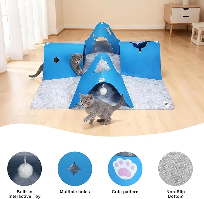 Interactive Cat Tunnel Mat for Indoor Cats, 4-Way Felt Cat Cave with Hanging Ball, Foldable Kitty Play Mat and Hideout, Pet Enrichment Toy for Kittens Rabbits Small Pets, Blue