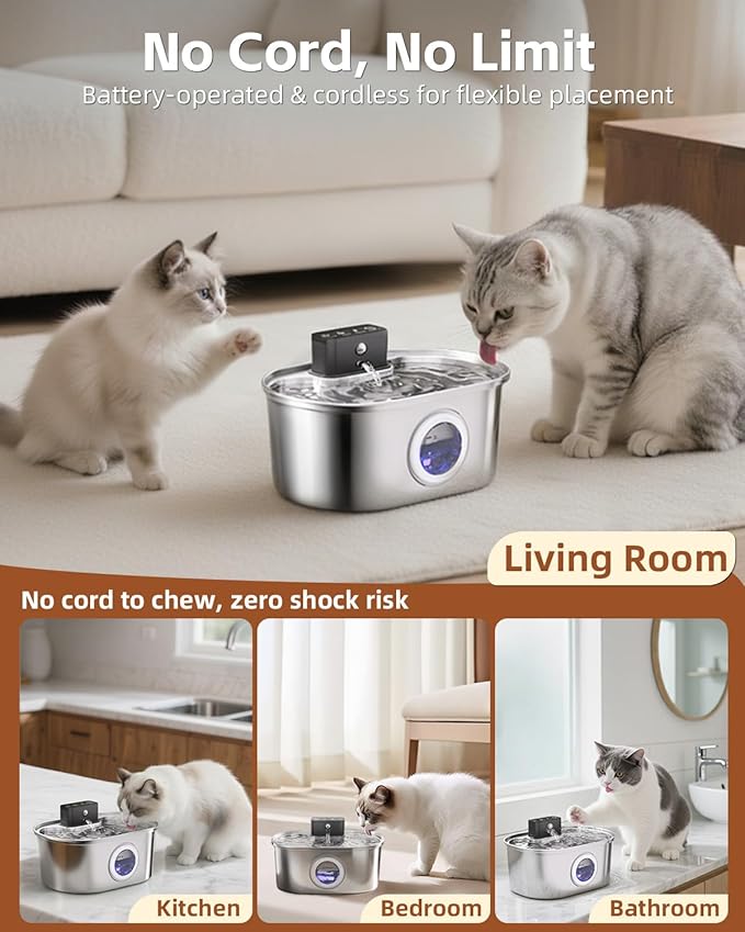 Cat Water Fountain Cordless, Stainless Steel Pet Water Fountain Wireless – 3.2L/108oz Battery Operated Automatic Water Dispenser for Cats Indoor, with Motion Sensor & Quiet Pump (4 Filter & Sponge)