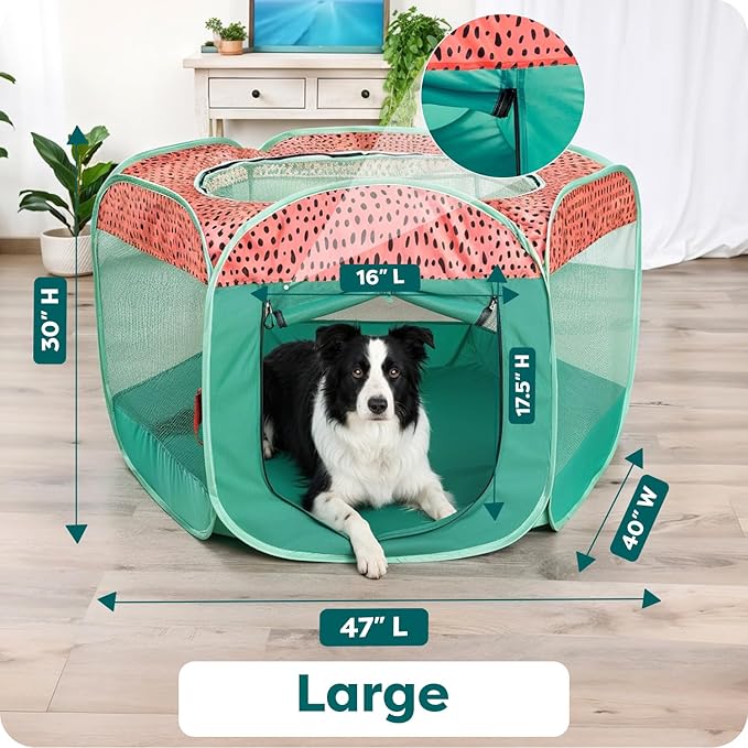 FurHaven Portable Pet Playpen for Dogs & Cats, Foldable Kitten Playpen with Mesh Sides, Pop Up Travel Dog Pen, Large, Green & Pink