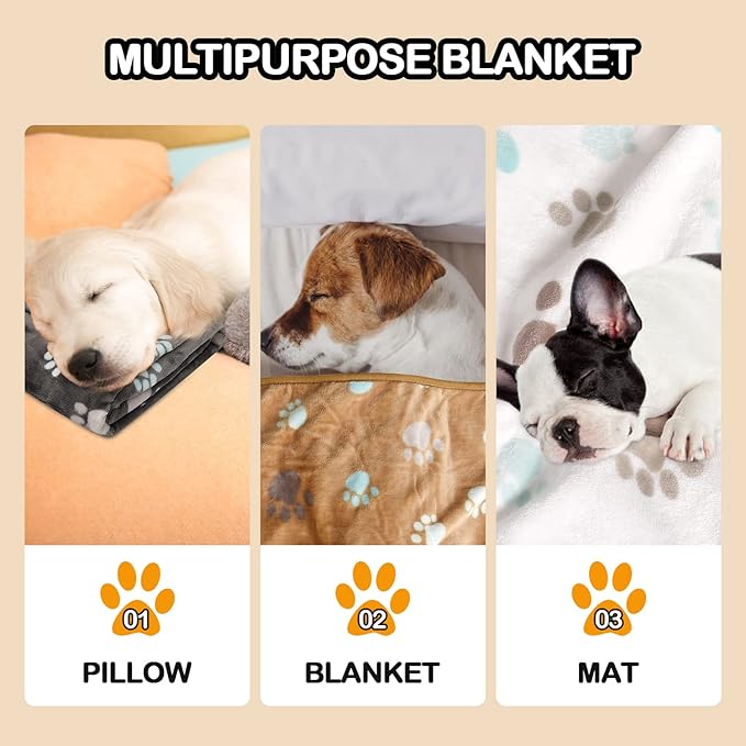 Rezutan Upgraded Dog Blankets for Medium Dogs, 3 Pack Dog Cat Blanket Washable, Soft Pet Throw Cover Suitable for Kennel Crate Bed, Cute Paw Pattern, 30"x20" Grey/Brown/White
