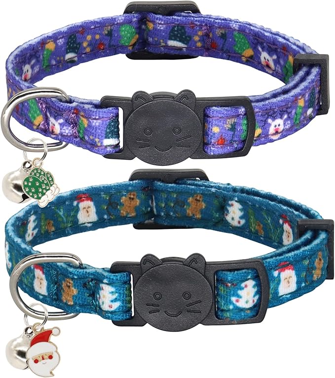 Christmas Cat Collar, Cotton 2 Pack Cat Collar with Bells, Breakaway Collars for Girl Boy Kittens, Santa