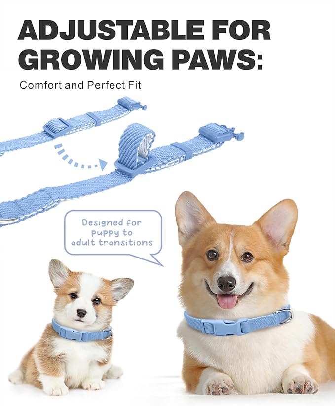Dynmeow Soft and Breathable Cotton Dog Collar, Durable Adjustable Boy Pet Collar with Quick-Release Buckle, Lightweight for Sensitive Skin for Small and Medium Dogs, Light-Blue, S