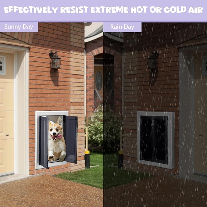 Sliver Pet Door with Panels, Aluminum Dog Door with Automatic Closing Magnetic Flaps, Medium Doggie Door, Slide-in Panel & 4 Security Locks, Suitable for Doors, Screen and Wall