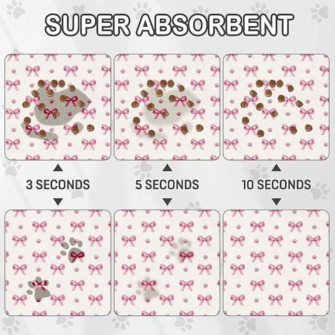 Pink Bow Dog Food Mat for Pet Cat Food Mat, Paws Absorbent Quick Dry Dog Bowl Mats for Food and Water, Non-Slip Cat Pet Feeding Mats for Floor Placemats 12"x20"