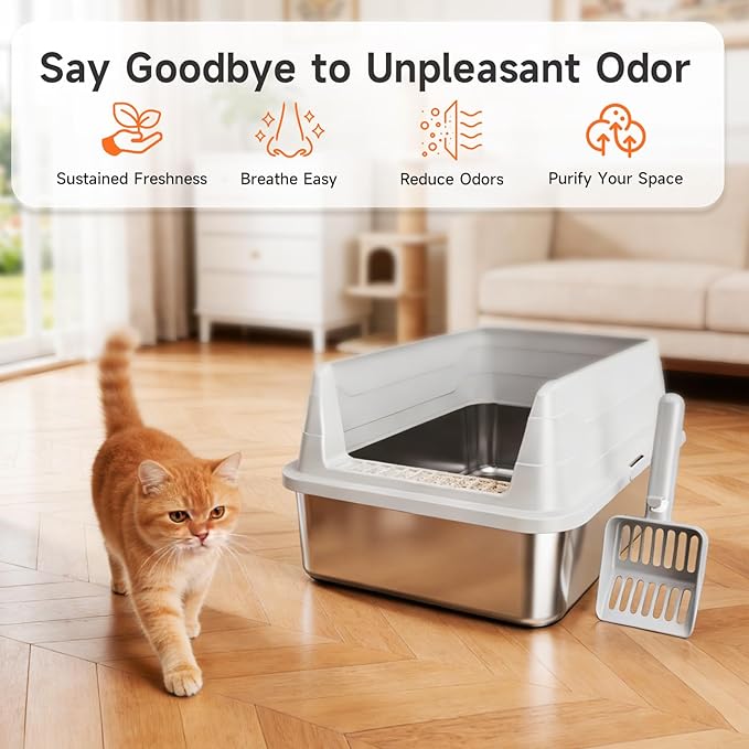 Stainless Steel Cat Litter Box, Odor Free Metal Litter Box with High Sides Lid, Open Top Low Entry Litter Pan Include Scoop Easy Cleaning Anti-Scratch Kitty Cat Box Anti-Urine Leakage, Non-Sticky, M
