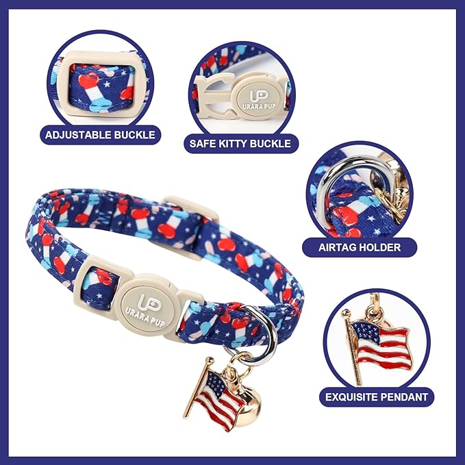 4th 0f July Cat Collar,2Pack Patriotic Day Kitten Collars Cute Flag Breakaway Kitty Collars,Summer Baseball Blue Cat Collar with Bell, for Girl & Boy Cats