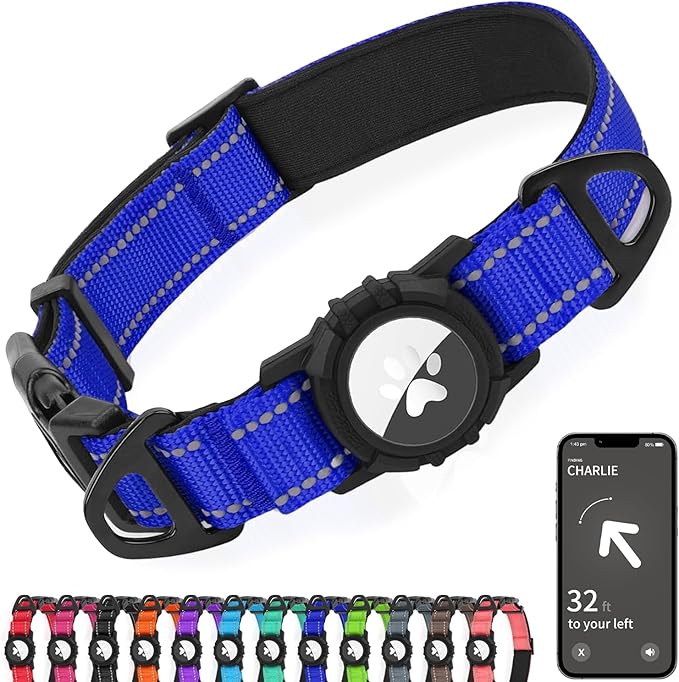 Joytale Airtag Dog Collar, Reflective Pet Collar with Waterproof AirTag Holder, Dual D-Rings, Soft Padded Adjustable for Large Dogs, Navy Blue, L