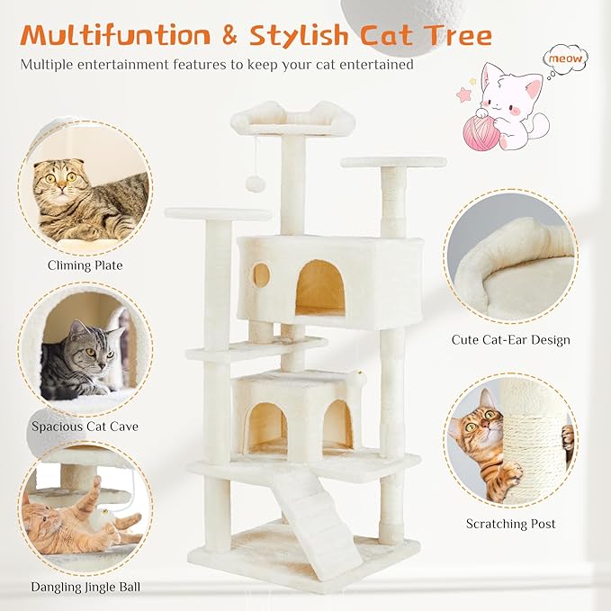 Sweetcrispy 54 Inch Cat Tree Tower, Multi-Level with Cat Scratching Post, Indoor Cat Condo with Climbing Ladder, Plush Toy, Play House for Cat, Beige