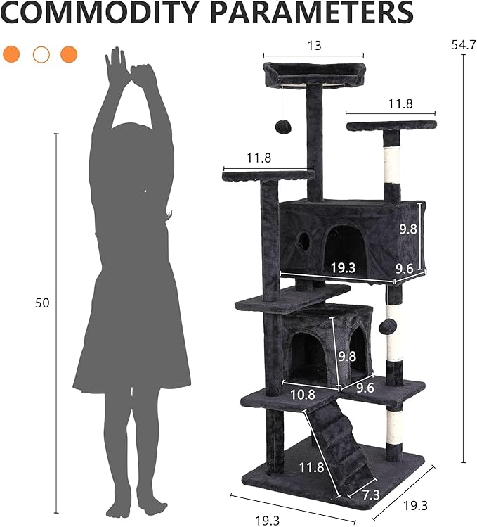 Cat Tree for Indoor Cats, Multi-Level Cat Tower with Scratching Posts & Cozy Condo, Space Saving Cat Activity Center, Durable Pet Play House (54in,Dark Gray)