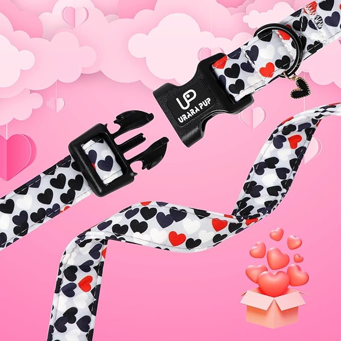 Valentine's Dog Collar, UP URARA PUP Love Heart Adjustable Pet Collar with Bowknot Charm, Daily Dog Accessories for Small Medium Large Dogs