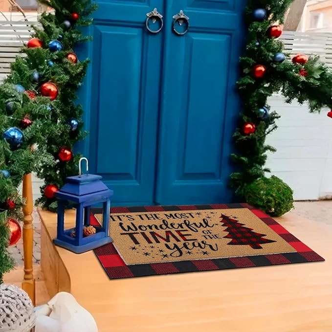 Tinideya 2 Pcs Door Mat Welcome Non Slip Coir Mats Floor Layering Doormats Seasonal for Front Porch Entryway Decor(Christmas Tree)
