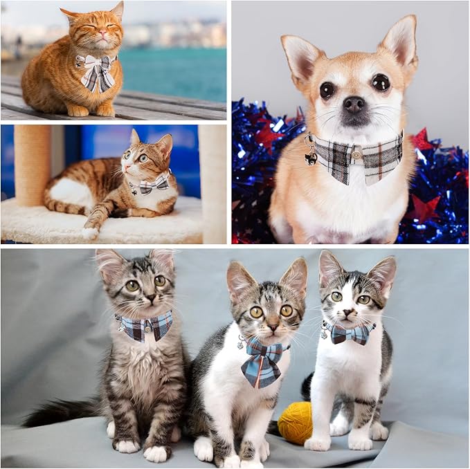 Cat Collar with Bells Breakaway, Bowtie Cat Collar for Boy Girl Cats with Removable Shirt Collar, Cute Plaid Kitten Collar with Bell & Pendant Adjustable, 3 Pack Beige Cat Collars