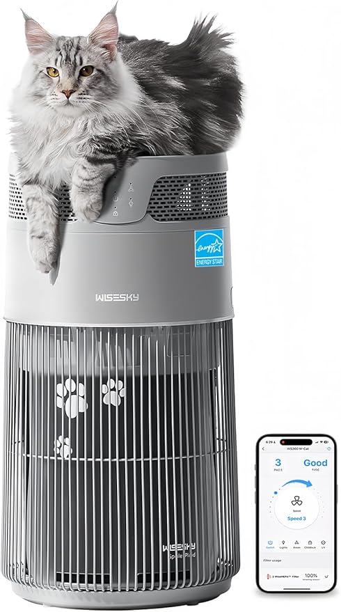 WiseSky Pet Air Purifier for Cat Owners, High-Efficiency Air Purifier for Cat Hair Dander Smoke Litter Odor in Large 1644 Sq Ft Room, 360° HEPA Filtration, Smart App, Quiet Pet-Friendly Design, Grey