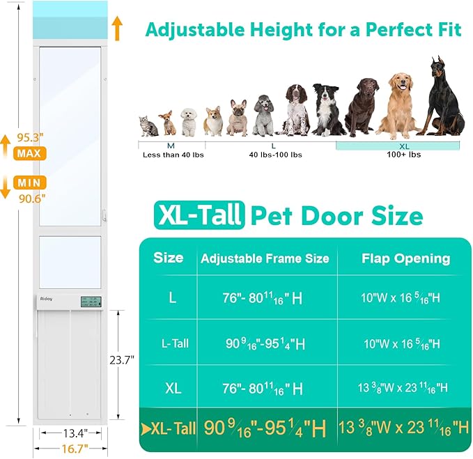 Automatic Sliding Glass Dog Door with Collar Sensor, X-Large Electric Doggy Door for Sliding Glass Doors, Adjustable 90-9/16" to 95-1/4" Slider Height, Anti-Pinch, Fits Dog Up to 220 Lbs (XL-Tall)