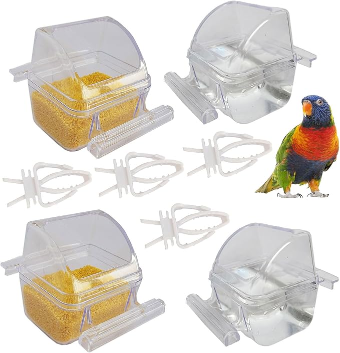 4 Pack Bird Feeders for Cage No Mess Parakeet Food Bowl with Cover Clear Hanging Parrot Water Dispenser Perch Cup Waterer Bird Dishes Seed Cage Cups Slot Replacement Feeder Bowls