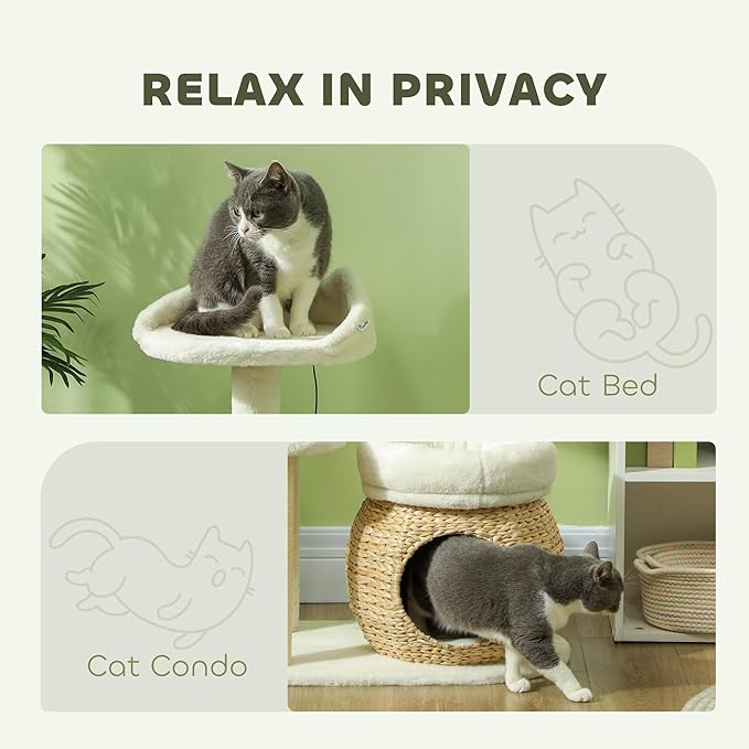 PawHut 31" Cat Tree, Cat Tower for Indoor Cats with Sisal Scratching Posts, Cat Condo, Cat Beds, Platform and Toy Ball, Cat Activity Center, Cream White