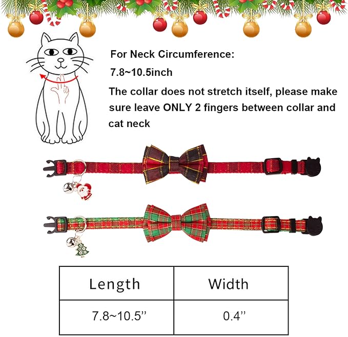 ADOGGYGO Christmas Cat Collars with Bow Bell, Breakaway Red Green Plaid Christmas Bowtie Collars for Girl Boy Cats Kittens