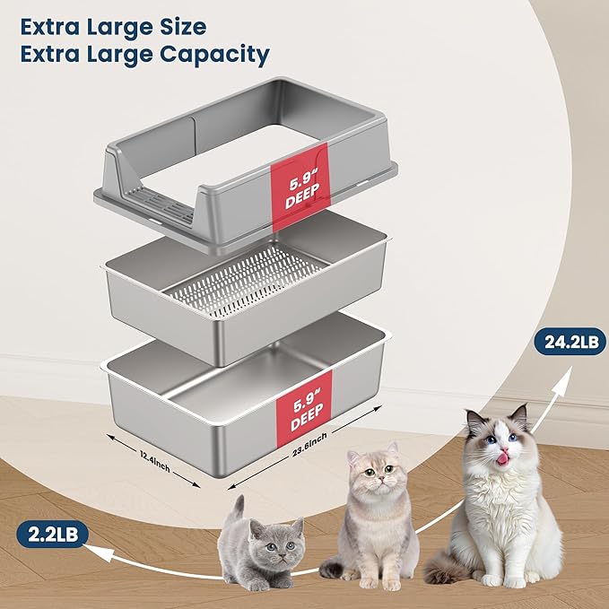Stainless Steel Sifting Litter Box for Pine Pellets, 23.6" x 15.7" x 11.8" Large Sifting Cat Litter Box with Sifter, High Side for Big Cats, Anti-Leakage, Odor Control, Includes Scooper