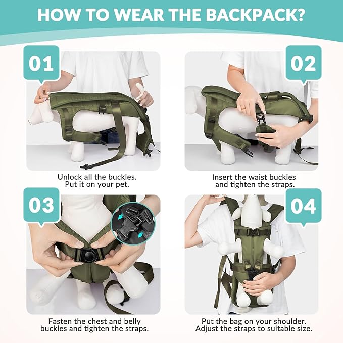 Dog Carrier Backpacks, Adjustable Dog Backpack Carrier, Legs Out Easy-fit Dog Chest Carrier for Medium Small Dogs, Hands Free Dog Front Carrier for Hiking, Cycling（Green S）