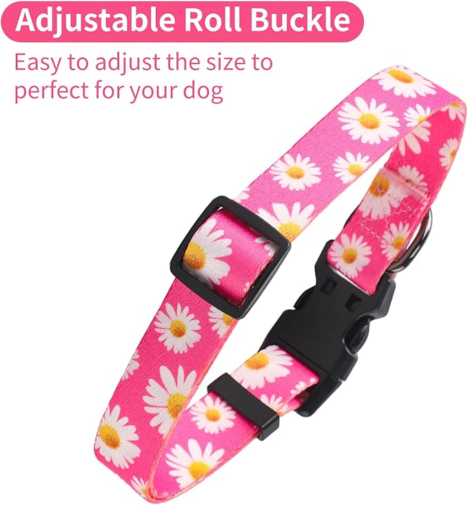 QQPETS Adjustable Soft Dog Collar: Print Flower Pink Multicolor Cute Patterns for XS Small Medium Large Pet Girl Boy Puppy Walking Running Training (S, Small Daisies)