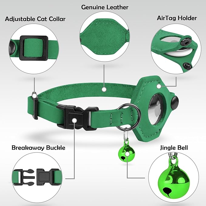 Breakaway Airtag Cat Collar with Removable Bell - Leather Pet Collar with Apple Air Tag Holder - Adjustable GPS Collars for Girl Boy Cats Kitten Puppy - Lightweight, Cute and Comfortable (Green)