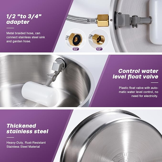 6L Automatic Dog Water Bowl Dispenser Outdoor Stainless Steel Pet Waterer Self Filling Waterer for Large Dog Cat Chicken Duck Goat