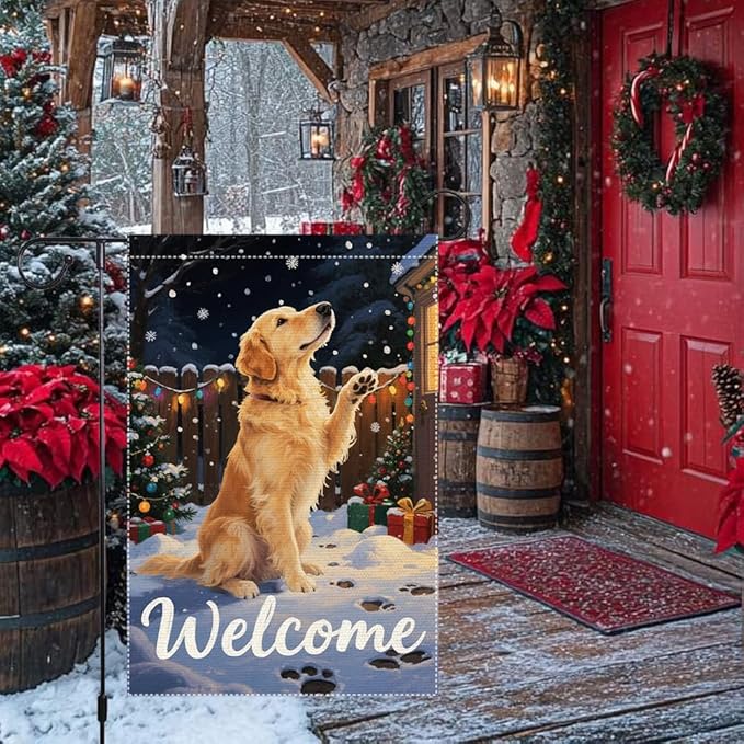 Golden Retriever Welcome Garden Flag 12x18 Inch Double Sided Christmas Winter Burlap Outdoor Yard Decoration Holiday Dog Banner for Porch Patio Lawn