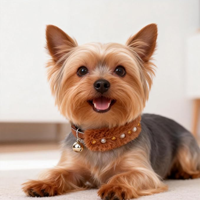 EXPAWLORER Leather Cat Collar - Adjustable Furry Pet Collar with Pearls and Gemstones for Girl Boy Cats, Elegant Plush Collar with Bell & Durable D-Ring, Brown
