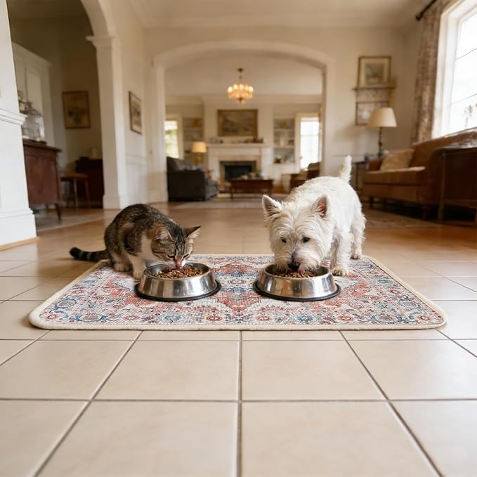 PUPTECK Dog Food Mat, Absorbent Pet Feeding Bowl Mat, Non-Slip Dog Mat for Food and Water, Quick Dry No Stains Cat Placemats Pet Supplies for Messy Drinkers, Brown 12"x20"
