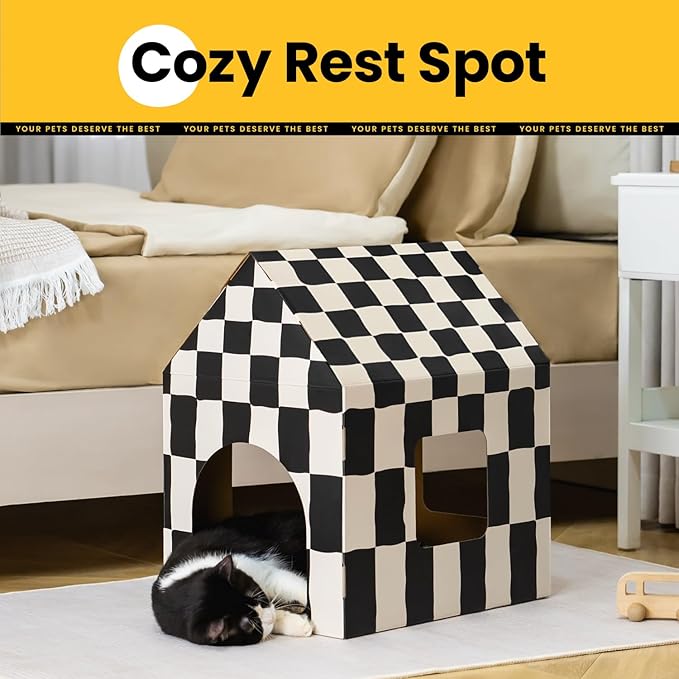Cardboard Cat House with Scratch Pad & Catnip, Cat Play Scratching House for Indoor Hideaway Furniture, Heavy Duty Sturdy Cardboard Scratcher, Easy to Assemble Birthday Gift, Large