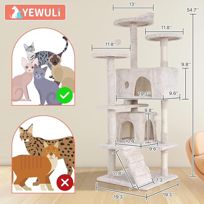 54in Cat Tree Cat Climbing Tower with Scratching Post, Cats House Perch Kitten Tree Condo Wood Playhouse, Pet Trees Tower for Indoor Cats, Beige