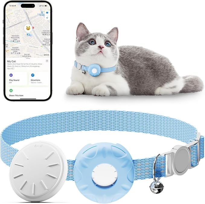 Cat GPS Tracker, Waterproof Pet GPS Tracker for Cats, Cat Tracker Collar with Safety Elastic Buckle, Works with Any Collar,Compatible with Apple Find My App (Only iOS), No Monthly Fee, Blue