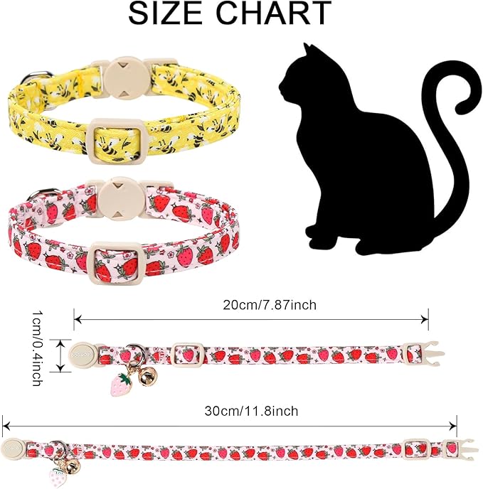 2 Pack Bee Cat Collars Breakaway with Bell, DOGWONG Safety Buckle Cute Strawberry Cat Collar for Girl Boy Cats，Adjustable 7-12 Inch