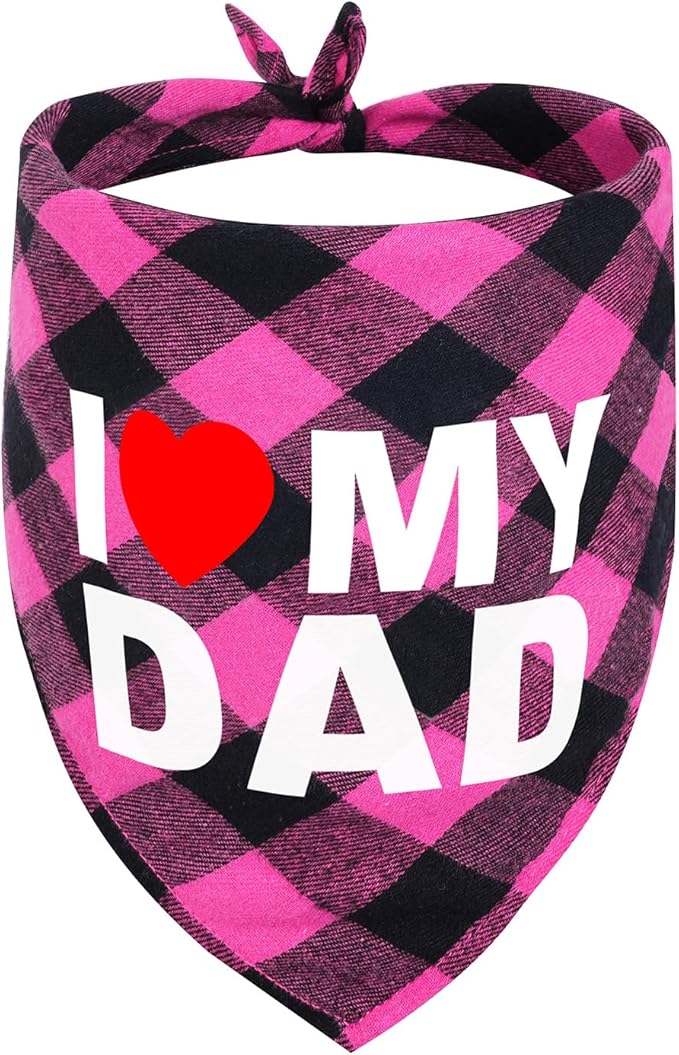 GreenJoy Cute Plaid Dog Bandana – Washable Pet Triangle Scarf for Small, Medium, Large Dogs and Cats, Adjustable Pet Accessory for Birthday, Wedding and Christmas (Pink (I Love My Dad), Small)